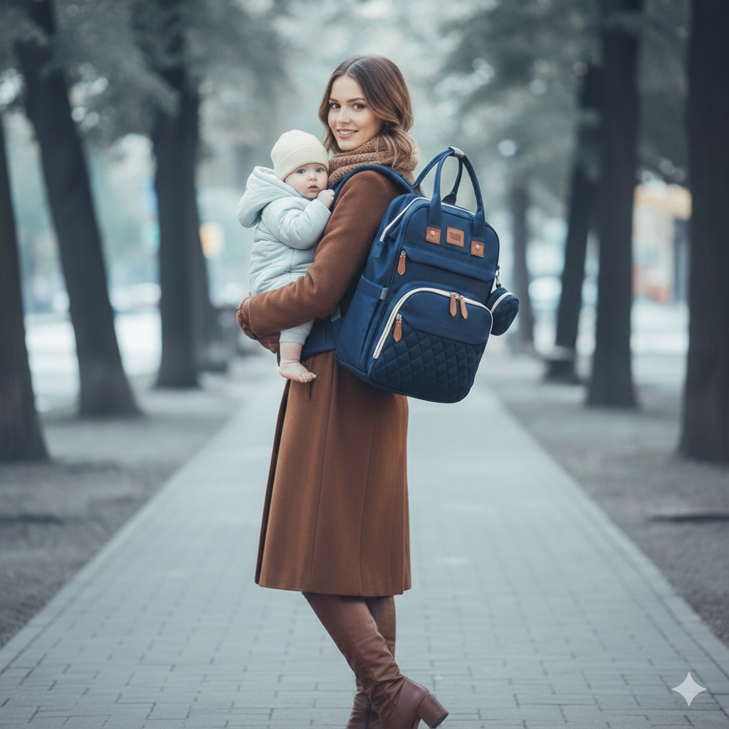 Sac à langer à dos Mouvito pratique maman en forêt avec enfant dans les bras