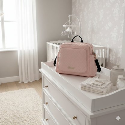 Sac à Langer Bébé Activyl rose matelassé posé sur une commode blanche dans une chambre de bébé moderne et lumineuse