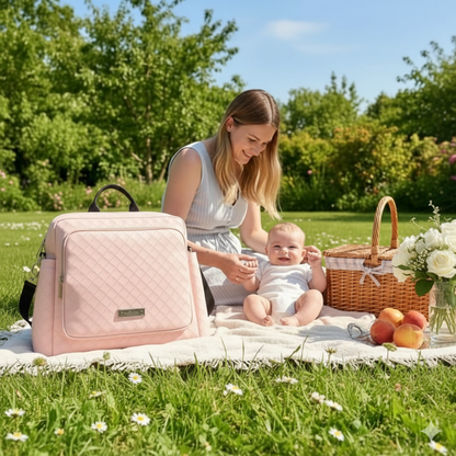Sac à Langer Bébé Activyl ergonomique Maman élégante au parc avec son bébé