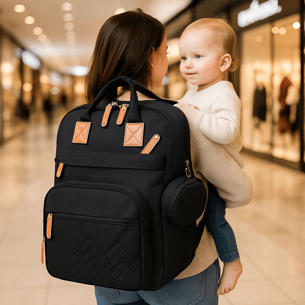 Maman porte le Sac à Langer Bébé MamanZen noir robuste lors d'une sortie shopping dans un centre commercial
