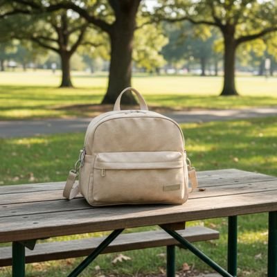 Sac à langer bébé Voyaflux chic posé sur une table de pique-nique en plein air.