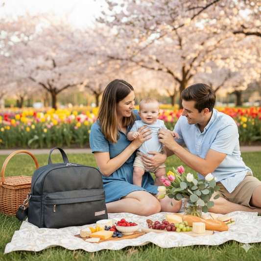 Sac à langer bébé Voyaflux moderne et famille en pique-nique chic au parc