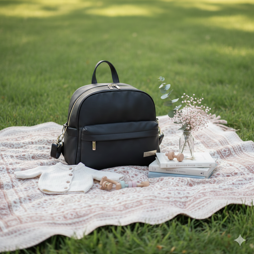 Sac à langer bébé Voyaflux compact sur couverture de pique-nique dans le gazon