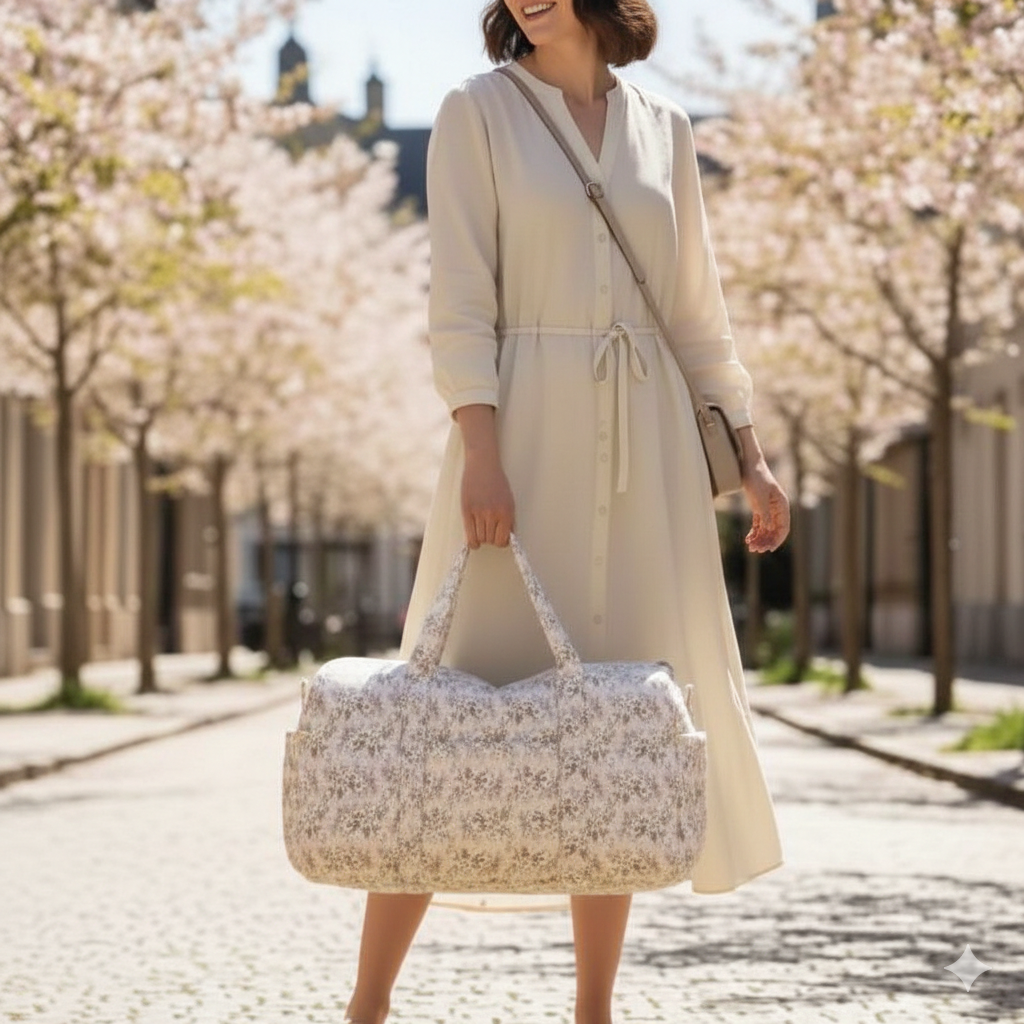 Sac à Langer Durable porté par une maman élégante. Design robuste, durable et intemporel