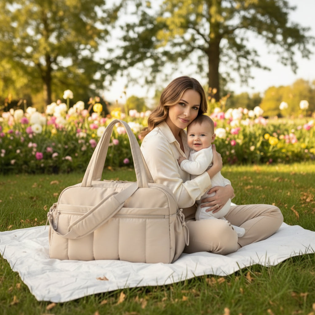 Sac à langer Yunibag ergonomique — maman assise au sol avec bébé en pique-nique
