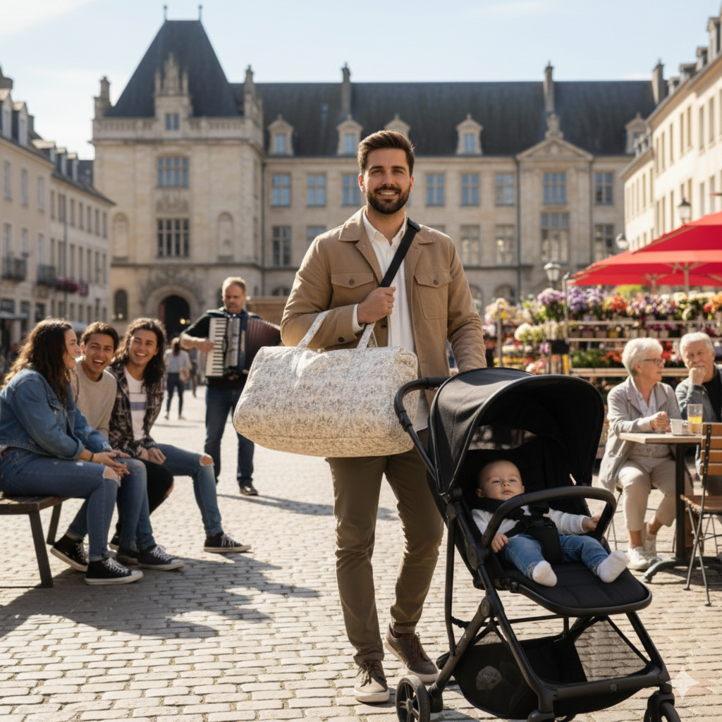Sac à Langer Parents porté par un papa urbain lors d'une balade à Lyon