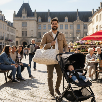 Sac à Langer Parents porté par un papa urbain lors d'une balade à Lyon