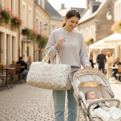 Sac à Langer Physiologique au bras dans les rues ensoleillées de Marseille