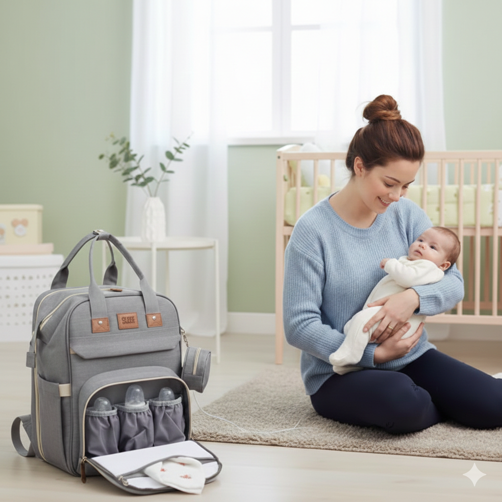 sac-a-langer-a-dos-mouvito-ergonomique intérieur organisé, biberons et maman avec bébé