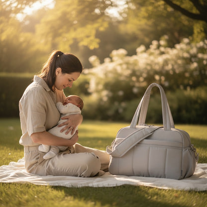 Sac à langer Yunibag multifonction — maman assise sur couverture avec son bébé dans les bras