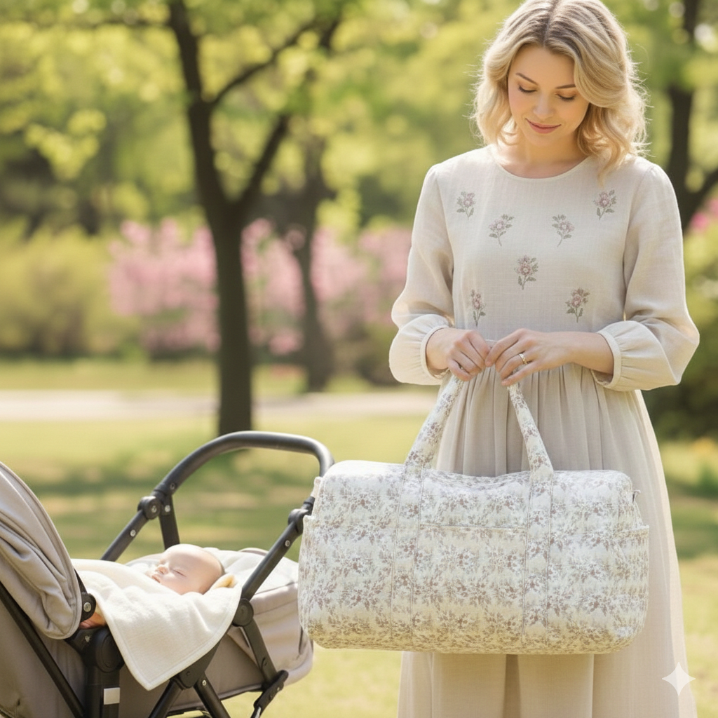 Sac à Langer Multi-fonction maman et bébé en balade dans un parc arboré