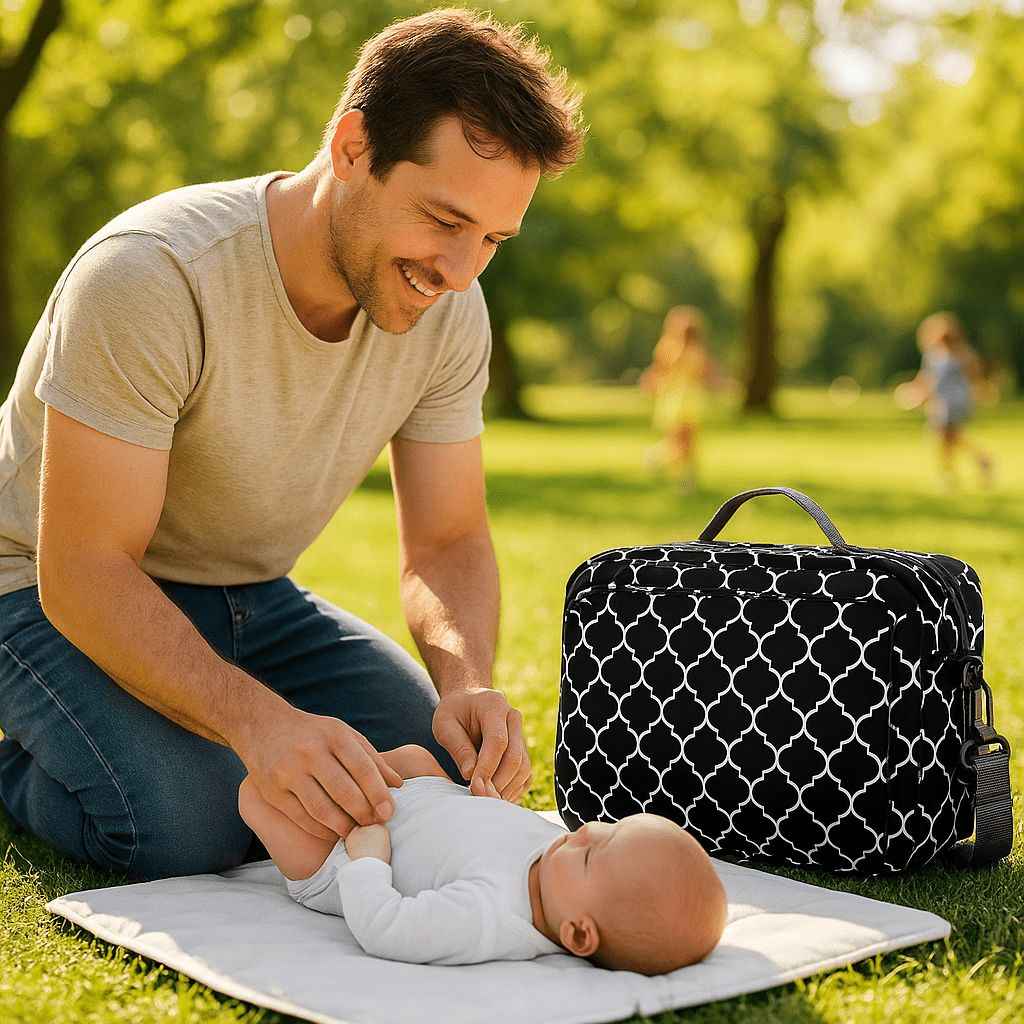 Sac à Langer PetitAuréa format compact utilisé par un papa au parc