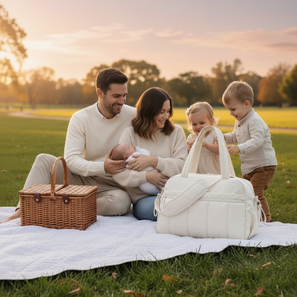 Sac à langer Yunibag  physiologique — toute la famille en pique-nique dehors