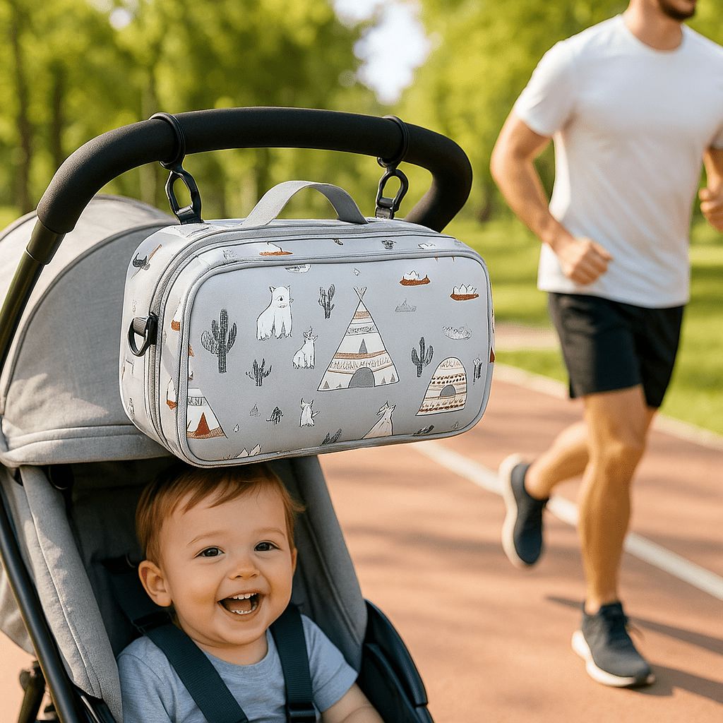 Sac de Voyage CactusBag fixé sur une poussette avec un petit garçon qui sourit