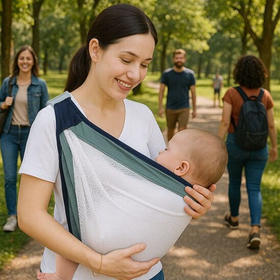 Écharpe de portage Sling ergonomique, un maintien parfait pour vos balades en nature avec bébé.