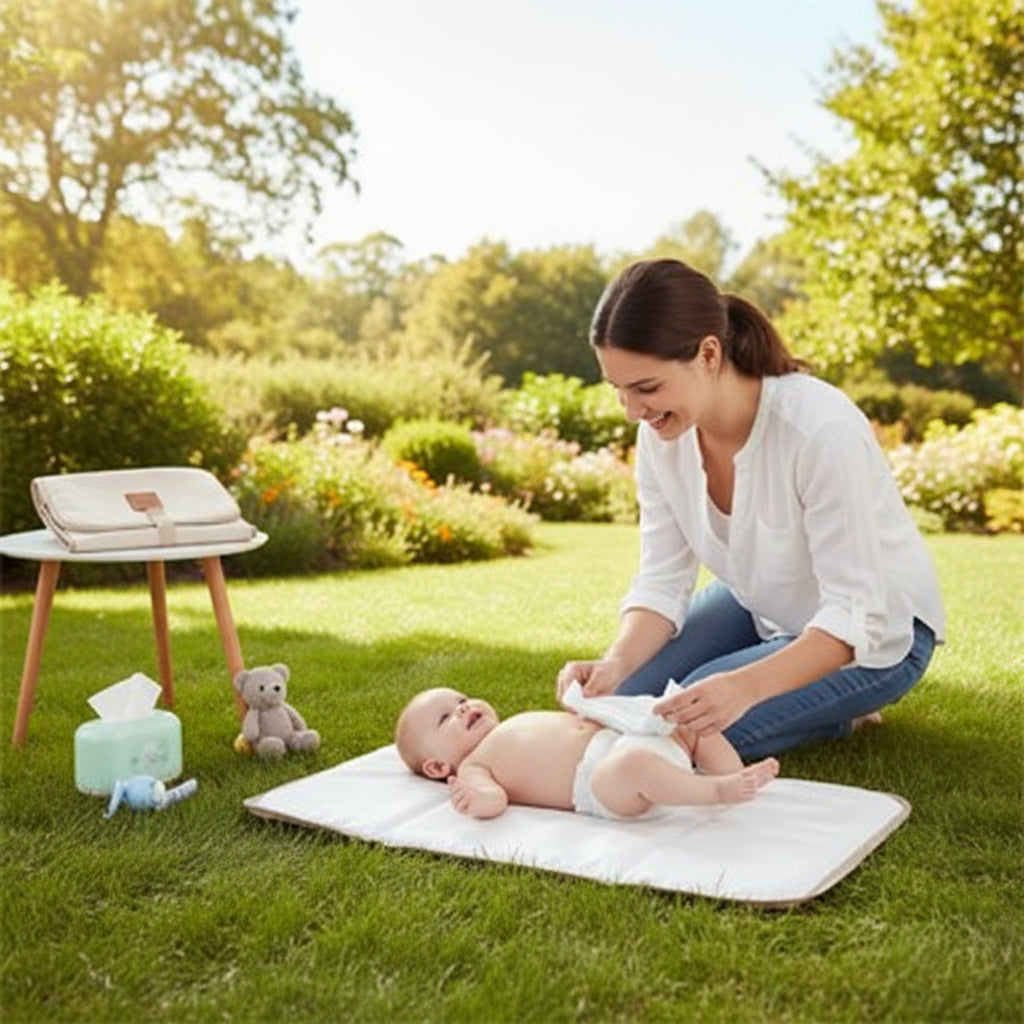 Tapis à langer nomade imperméable — maman change bébé dans l'herbe, liberté totale en sortie