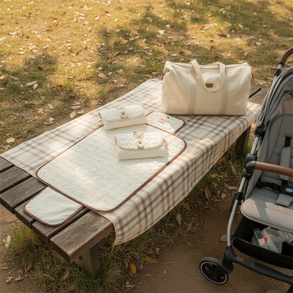 Tapis à langer imperméable Victorio™ — prêt sur la table de pique-nique, aventure assurée