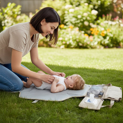 Tapis à langer nomade Sorella™ — change en plein air sur la pelouse, nature et sérénité