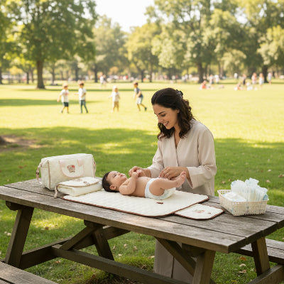 Tapis à langer nomade Victorio™ change serein au parc sur la table, hygiène garantie
