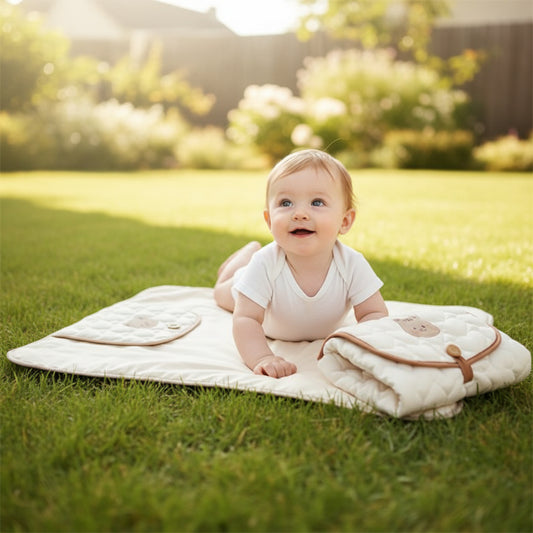 Tapis de voyage Victorio™ — bébé souriant dans la pelouse, confort et liberté totale