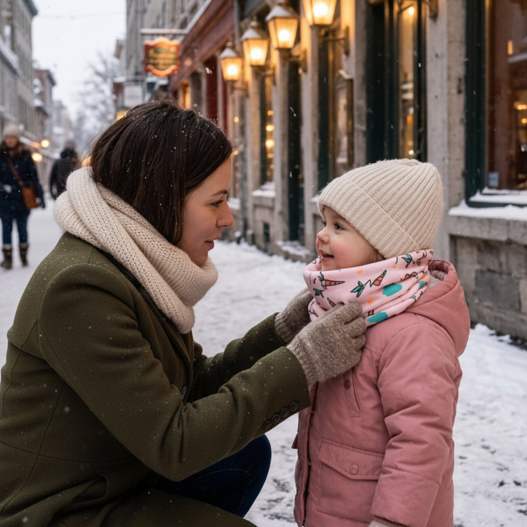 Cache-cou bébé ajustable — maman installe le tour de cou en hiver