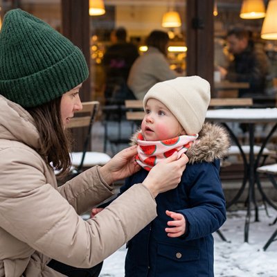 Cache-cou bébé delicat — maman lors d'une sortie avec bébé