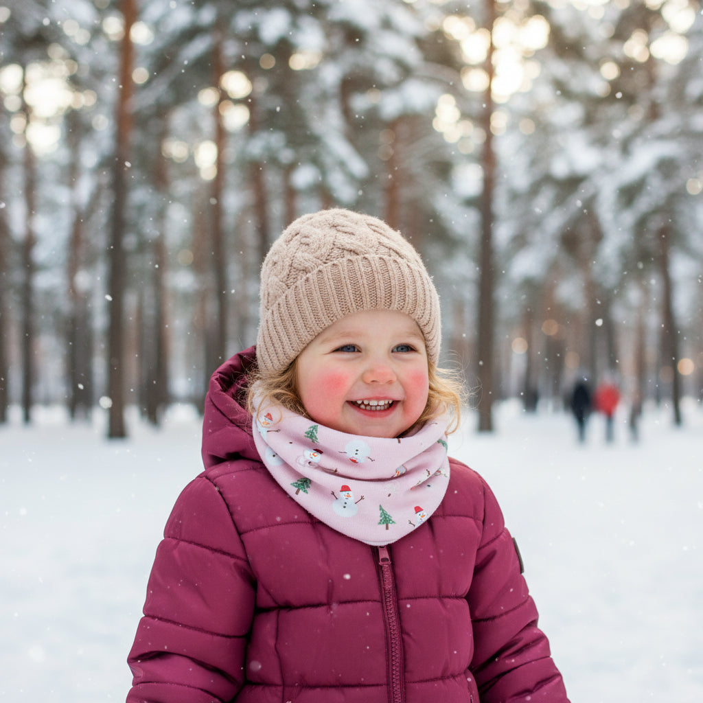 Tour de cou bebe doux — petite fille souriante dans un parc en hiver