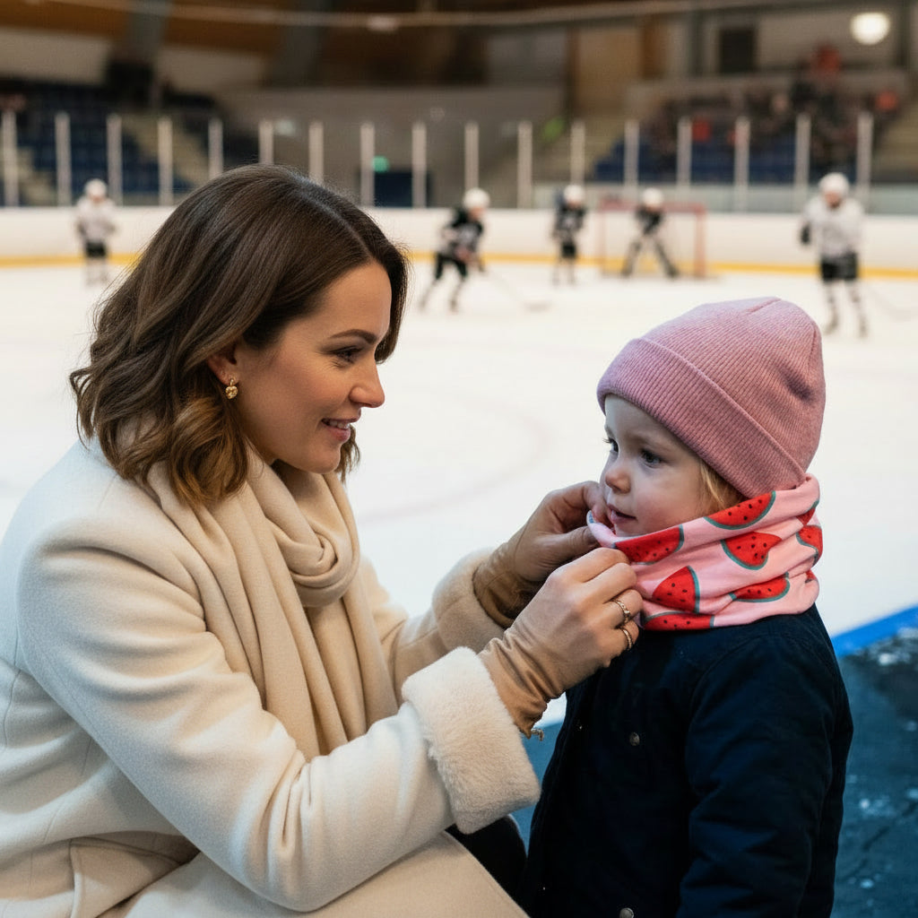 Tour de cou bébé facile à enfiler — maman à la game de hockey