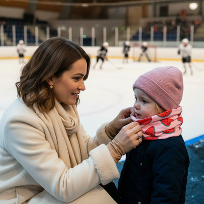 Tour de cou bébé facile à enfiler — maman à la game de hockey
