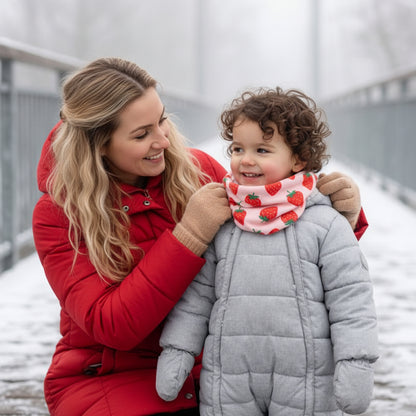 Tour de cou bébé sécuritaire — maman arrange le cache-cou sur un pont en hiver