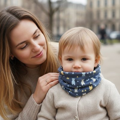 Tour de cou bébé Miel sécuritaire — maman s'assure que le cache-cou est bien mis