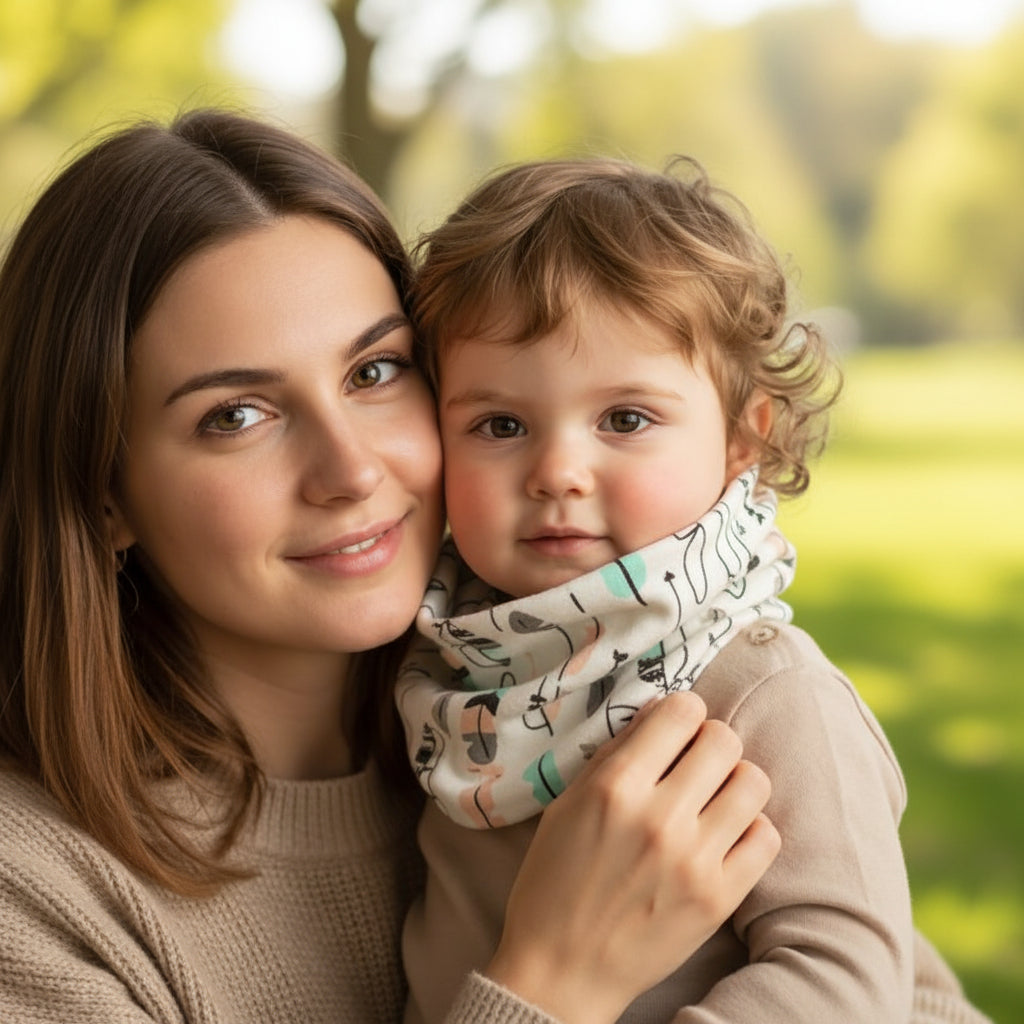 Tour de cou bébé facile à enfiler maman et bébé en câlin avec le tour de cou