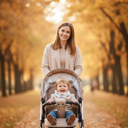 Tour de cou bébé Miel — sécuritaire maman dans les bois pousse la poussette, bébé content